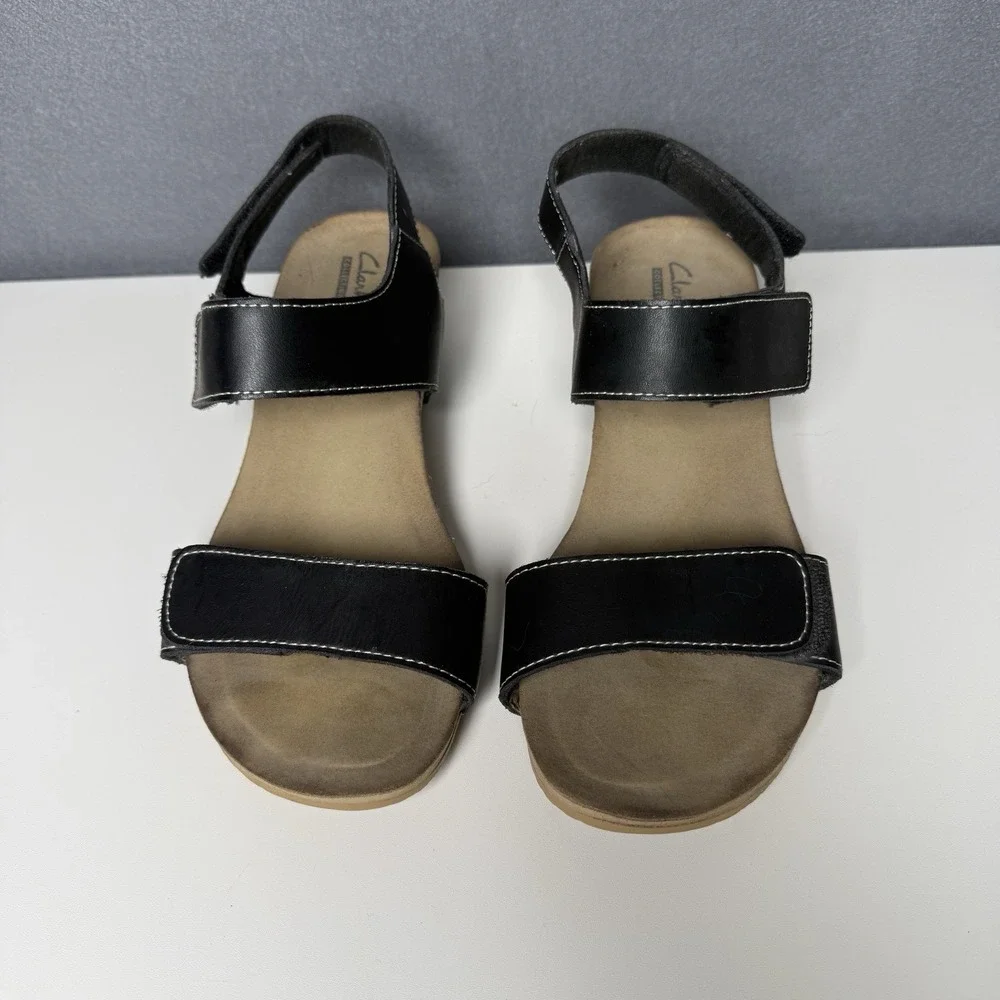 Clark's Black Leather Ankle Strap Wedge Heel Sandals Women's Size 8.5W